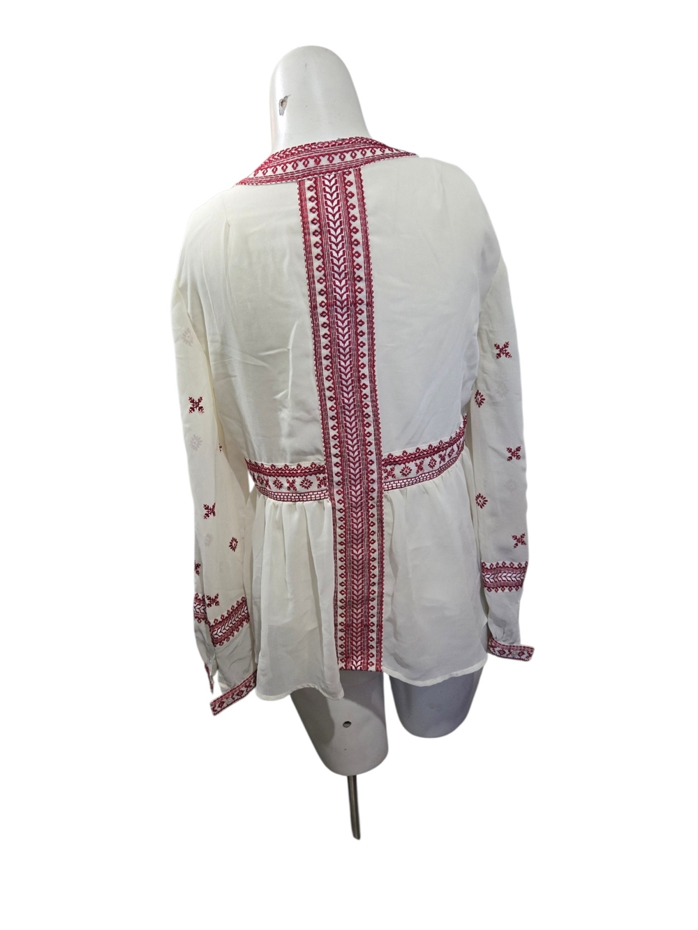 Topshop Embroidered Boho Peasant Blouse Red White Tie Front US 6 - Picture 3 of 7